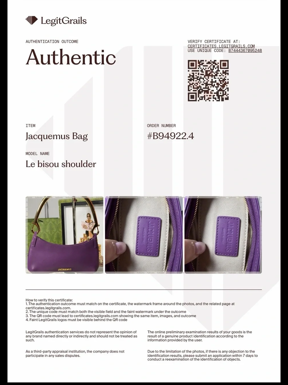 JACQUEMUS Le Bisou Mousqueton Purple Leather Shoulder Bag Authentic